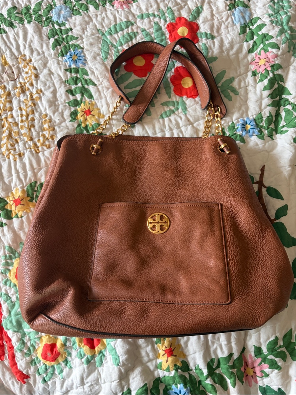 Tory Burch Britten Hobo Brown Pebbled Leather Gold Chain Shoulder Bag